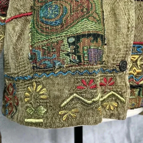 Chico's VTG Sz S Jacket Dark Olive Boho Southwestern Floral Embroidered Artsy‎ - Picture 11 of 16